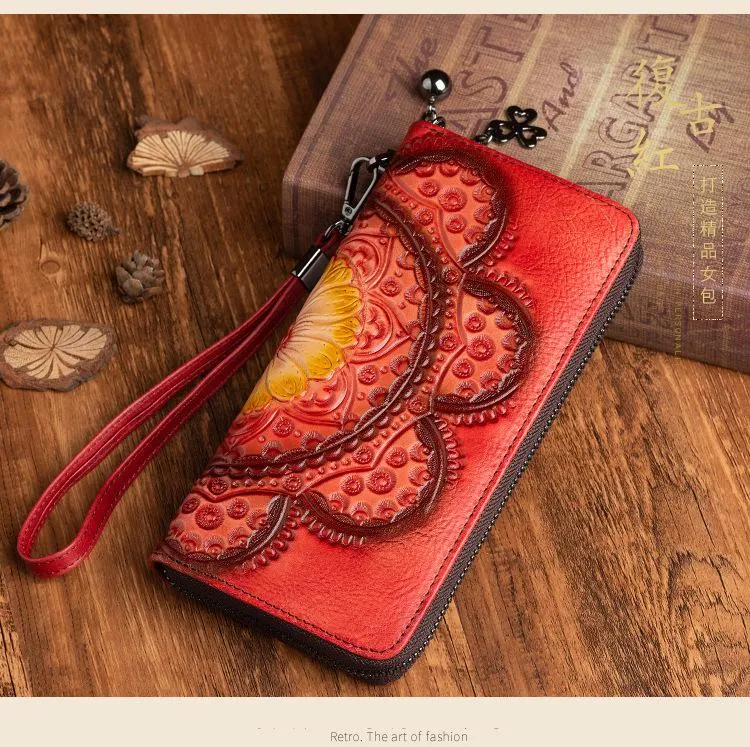 Women Genuine Leather Purse Long Clutch High Quality Cowhdie Phone Flower Purse Wallets