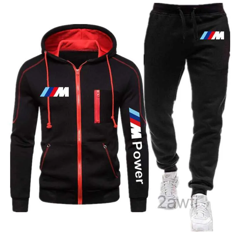 New Sets Tracksuit Bmw Power Print Men Hooded Sweatshirt Pants Pullover Hoodie Sportwear Suit Casual Sports Men Clothes X0909