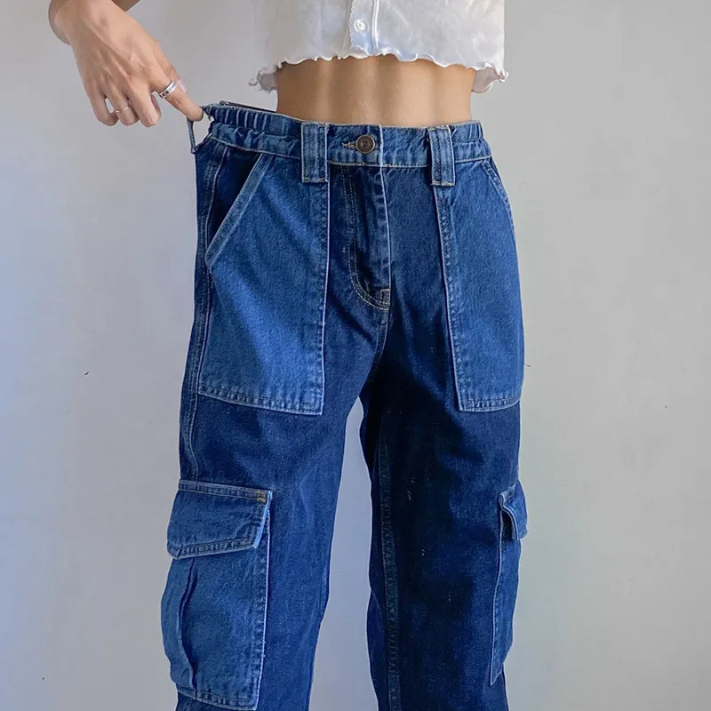 Ezdgaga Kobiety Dżinsy Kieszenie Patchwork Kontrast Streetwear Denim Joggers Luźna Wysoka Talia Dżinsy Hip Hop Spodnie Damskie Spodnie 210430