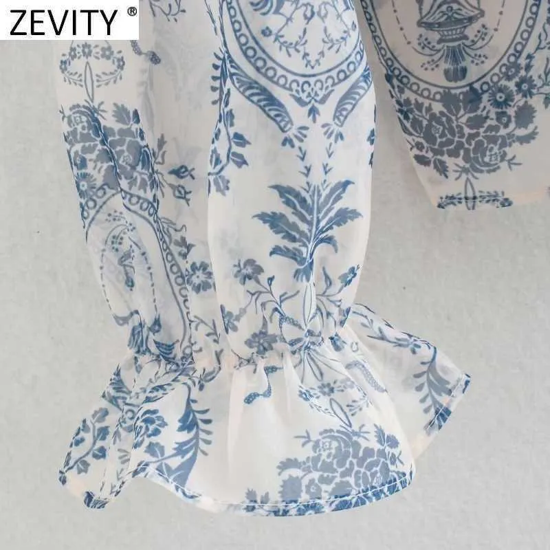 Zeefity Dames Mode Floral Print Transparante Organza Blouse Vrouwelijke Bladerdeeg Sleeve Lace Up Smock Shirt Chic Summer Tops LS9230 210603