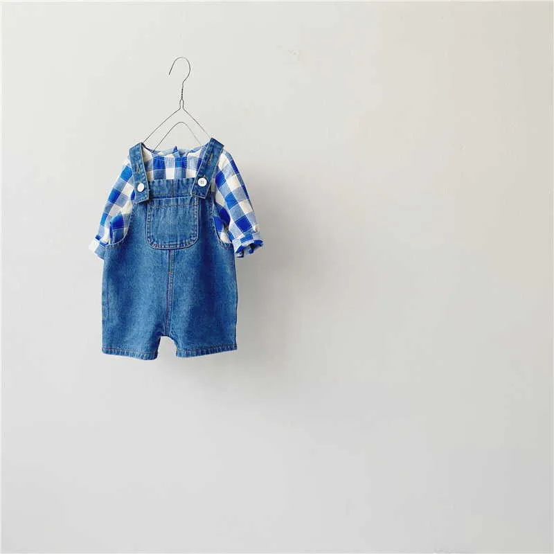 Sommer Baby Jungen Mädchen 2-tlg Sets Lange Ärmel Blau Plaid Pullover Hemd + Overalls Shorts Kinder Outfits E3907 210610