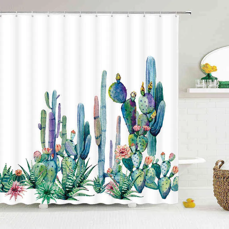 Kaktusowe zasłony prysznicowe wodoodporne poliester tkaniny zasłony prysznicowe rośliny tropikalne ekran łazienkowy kurtyna Home Decor 180x180cm 211116