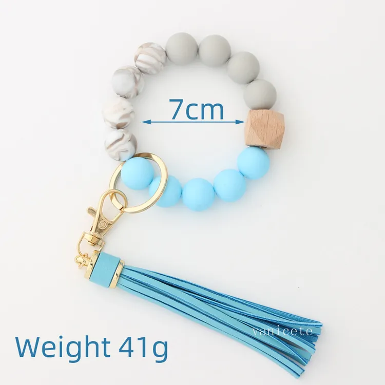 14 style Wood silica gel beaded bracelet keychain Loss prevention tassel key ring pendant pure multicolor optional T2I52758