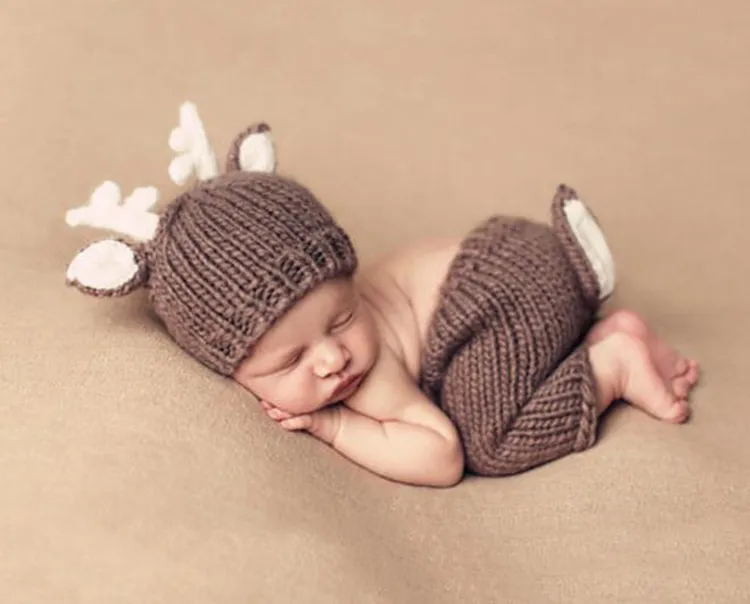 Nyfödd Fotografi Rekvisita babymössa Jul Hjortdesign Handgjord Virkad Hjortkostym Set Stickade mössor och byxor set