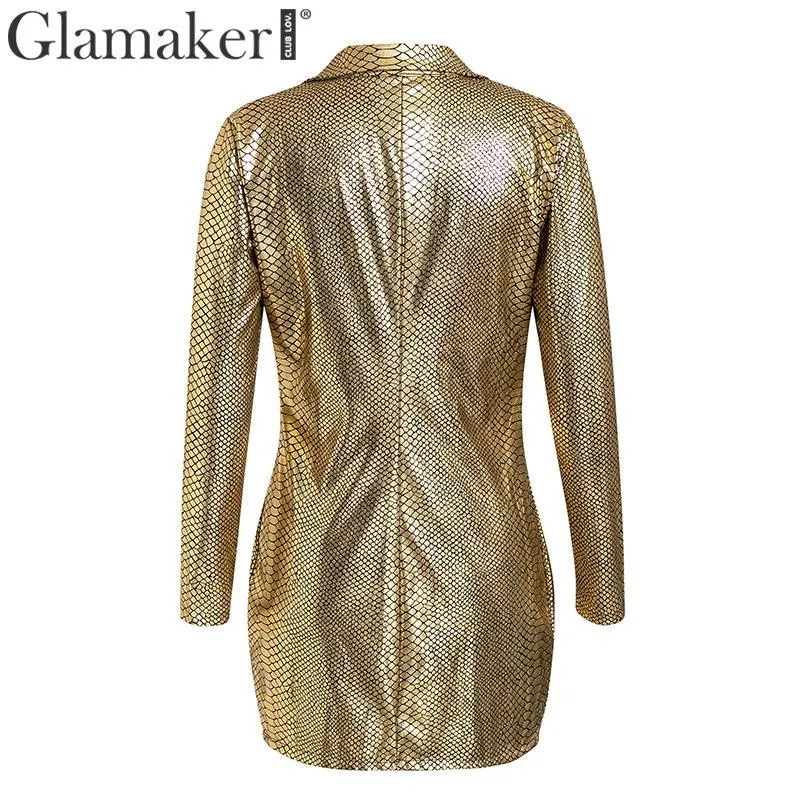 Glamaker Gold snake print sexy v neck short dress Bodycon elegant buttons mini blazer dress Female night party club dress 210319