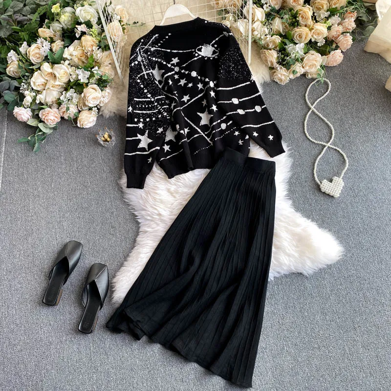 High Quality Fashion Spring Women Suits Star Pattern Loose Pullover Sweater Top + Knitted Skirt Suit Sets Two Piece 210514