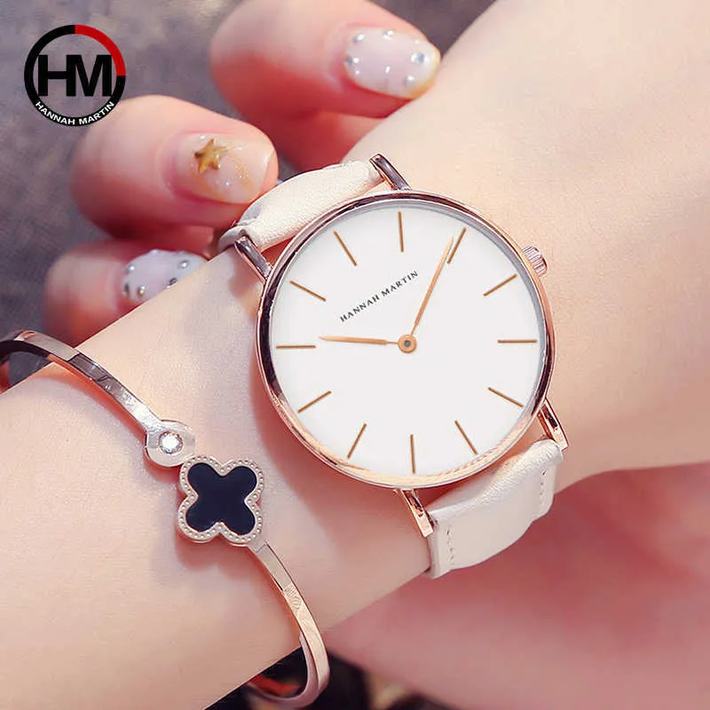 Hannah Martin Casual Ladies Watch With Leather Strap Waterproof Women Watches Silver Quartz Wrist Watch White Relogio Feminino 210304Z