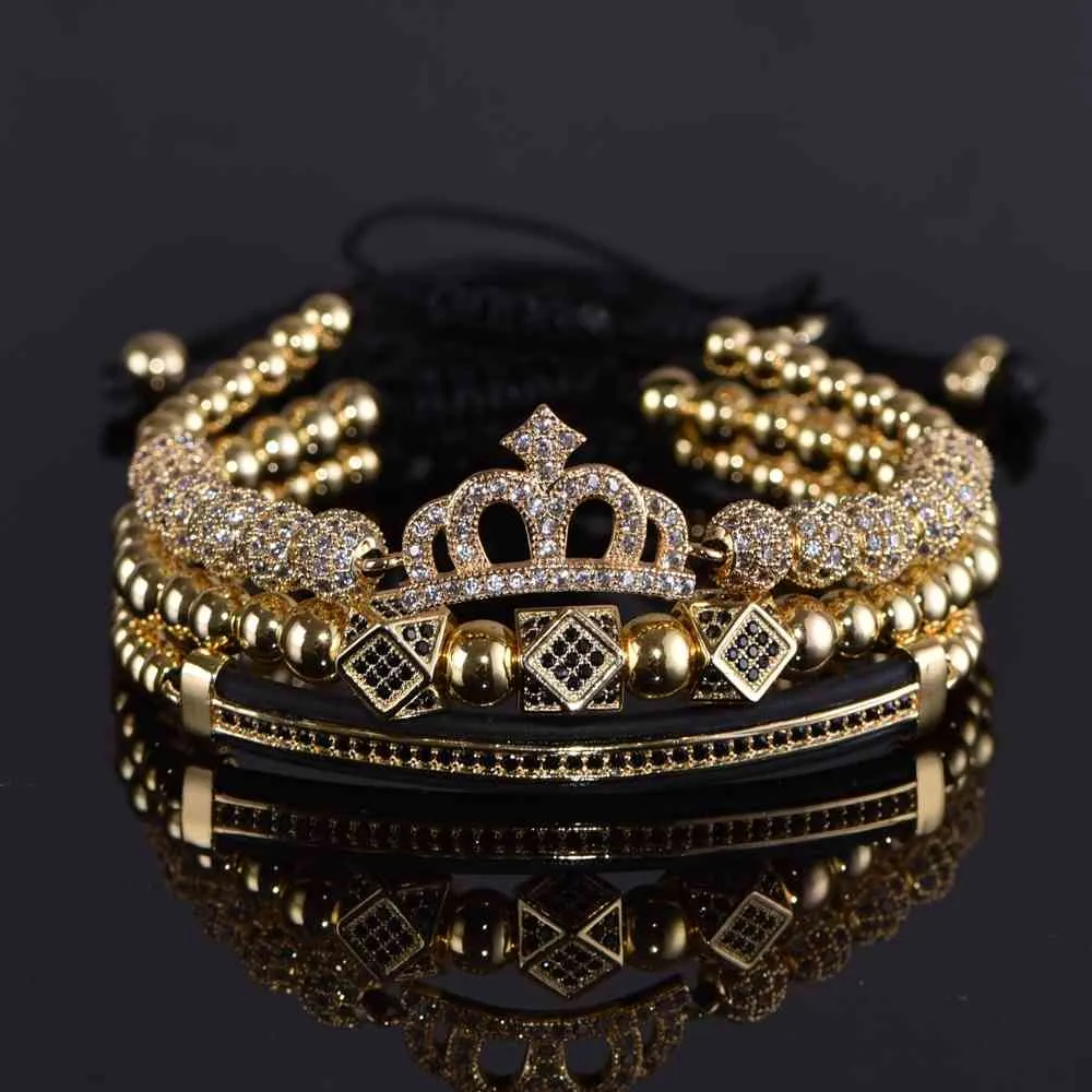 3 stks / set Luxe Sieraden Zirkoon Hip Hop Gold Crown Armbanden Damesmen Kubieke Micro Pave CZ Bedel Gevlochten Vlechten Pulseira