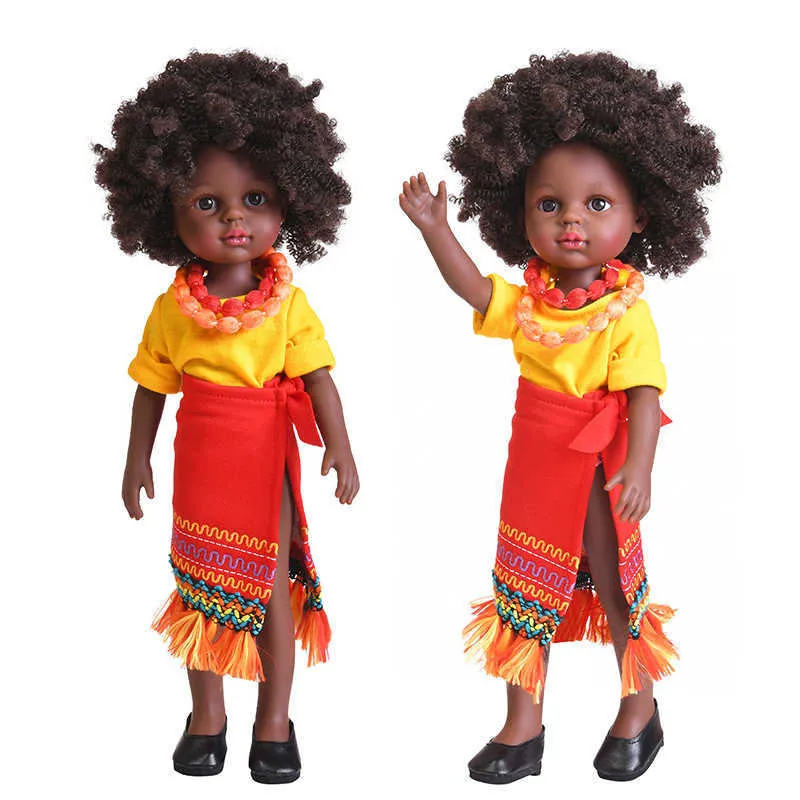 35cm Black African American Reborn Doll Full Silicone Vinyl Baby Dolls African Doll Pretty Girl Toy Bath Toy Gifts Dress UP Toys Q0910