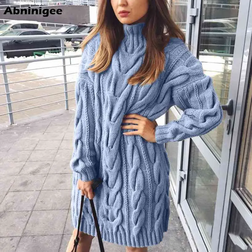 Ladies Sweater Dress High Collar Sweaters Long Sleeve Dresses Pure Color Knitted Pullovers Sweaters Vestido Loose Warm Winter 210322