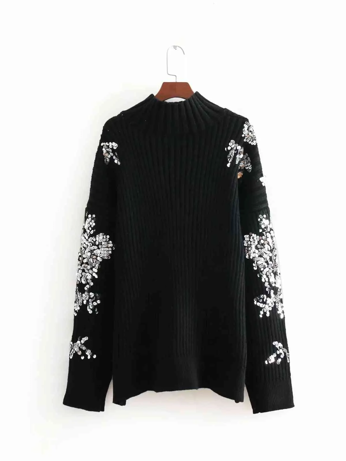 Vintage sequin noir pull à col roulé femmes pullover tricoté décontracté épais coréen hiver 210521