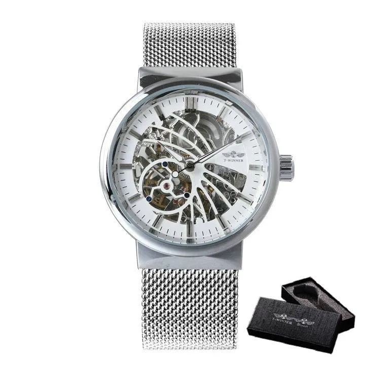 Ultradünne automatische mechanische Uhr für Herren, Gold, Vogelmuster, Mesh-Armband, Skelett-Armbanduhr, Armbanduhren206w