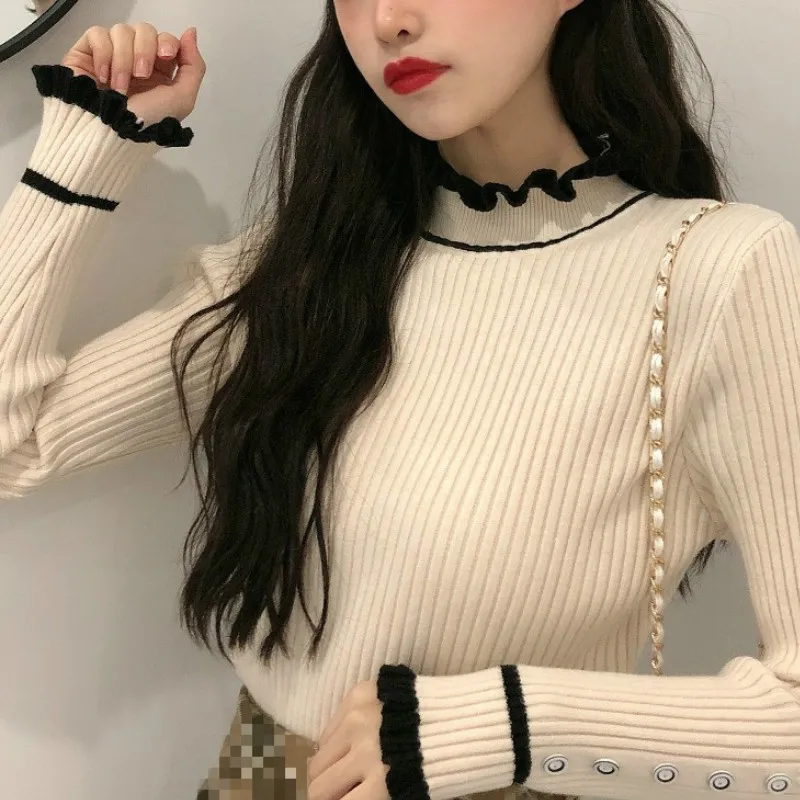 Ezgaga suéter básico jersey mujeres invierno coreano cuello alto vintage patchwork volantes botón dulce base punto tops moda 210430