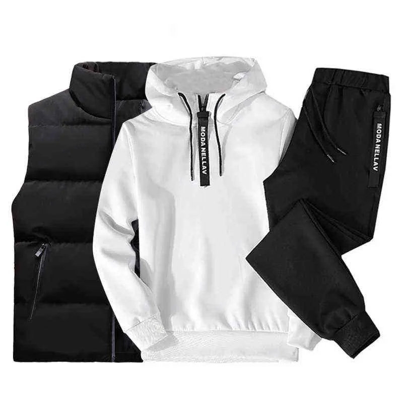 3 stück Männer Outfit Set Jogger Sportanzüge Hoodies + Hosen + Weste Casual Trainingsanzug Mode Schweiß Jump Kleidung 211222