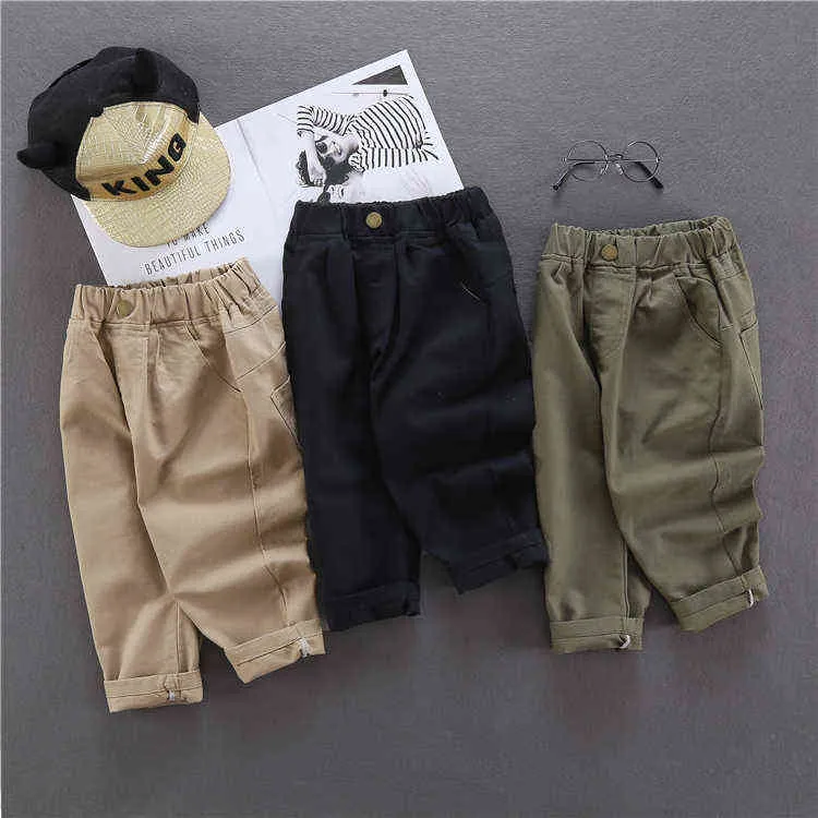 ファッション男の子カジュアルパンツコットンボタン幼児幼児子供のズボンの長い男の子の緩いパンツ服1-10y 211103