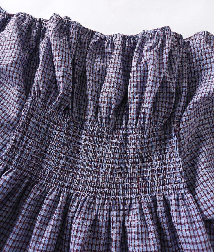 Spring Elastic Off Shoulder Gingham Check Plaid Women Shirt Holiday Big Lantern Sleeve Slim Ruched Waist Blouse BOHO Tops 210429