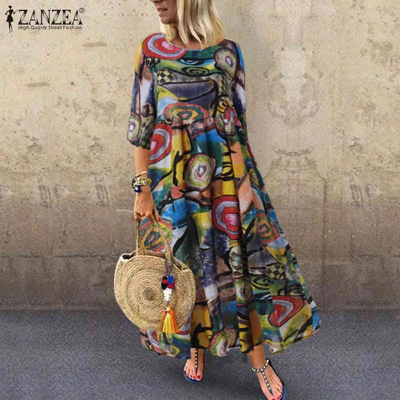 ZANZEA Abito estivo da donna Bohemian senza maniche con stampa floreale Vestito estivo Abito vintage Kaftan Beach Vestido Femme Sarafans Plus Size X0521