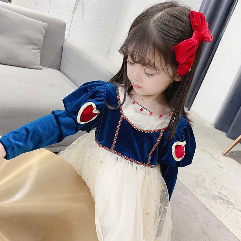 Meninas Gold Veludo Princesa Vestidos para o Ano Outono Fantasias Crianças Inverno de Manga Longa Natal 210625