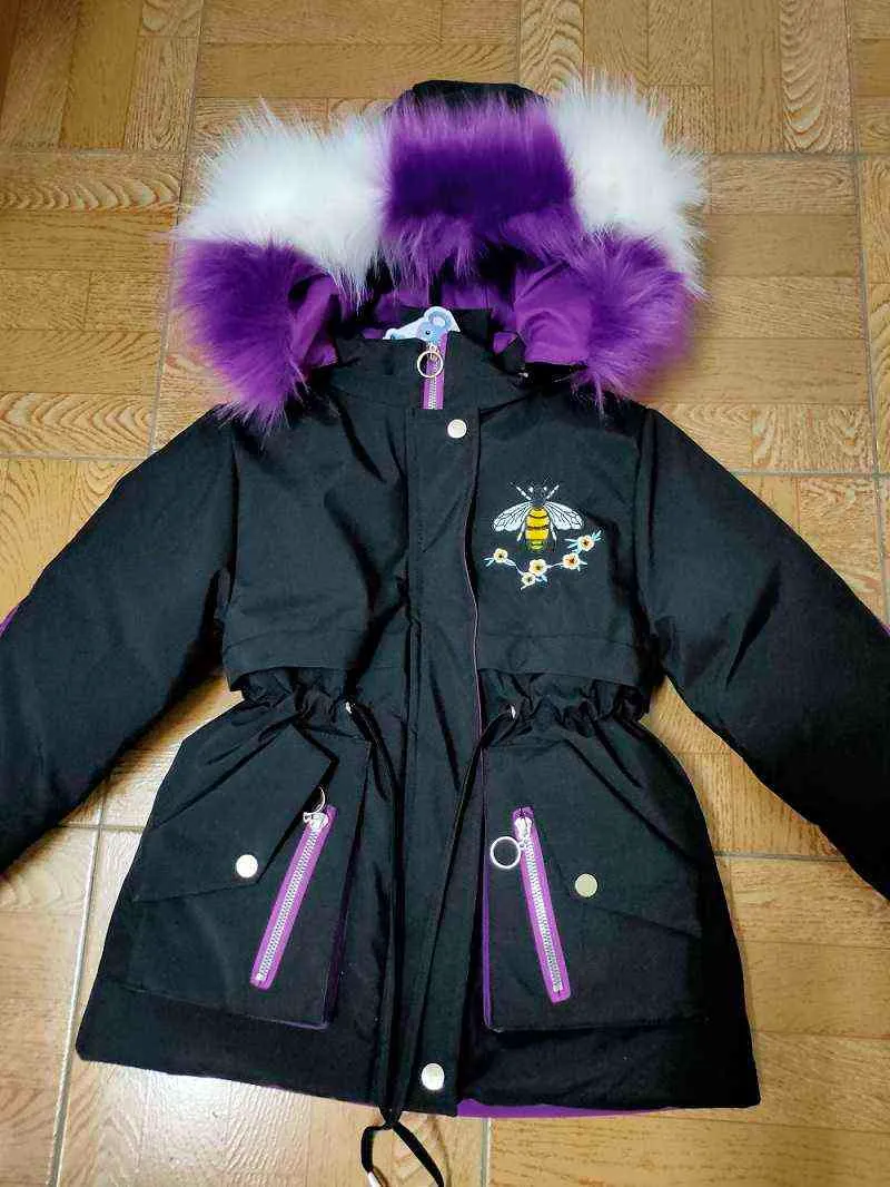 女の子のジャケットの女の子の冬のロングコートオーバーコートの毛皮の襟の暖かい綿の子供服女の子フード付き4-12 yrs 211203
