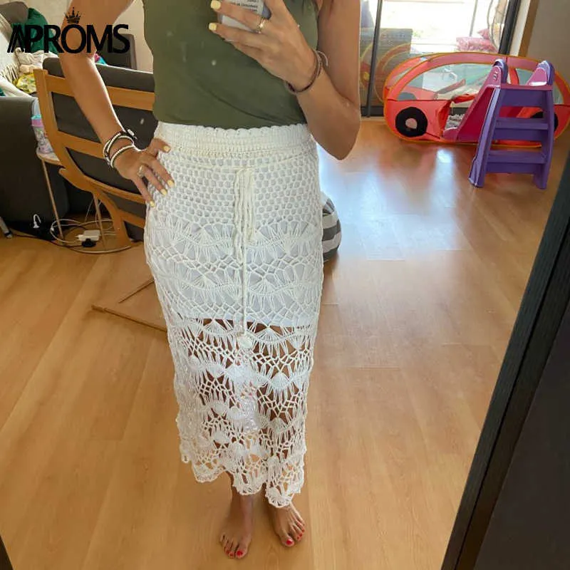 Avental Bohemia Crochet Kintted Long Maxi Saia Mulheres Vintage Algodão Oco Saias Senhoras Senhoras Verão Praia Lápis 210629