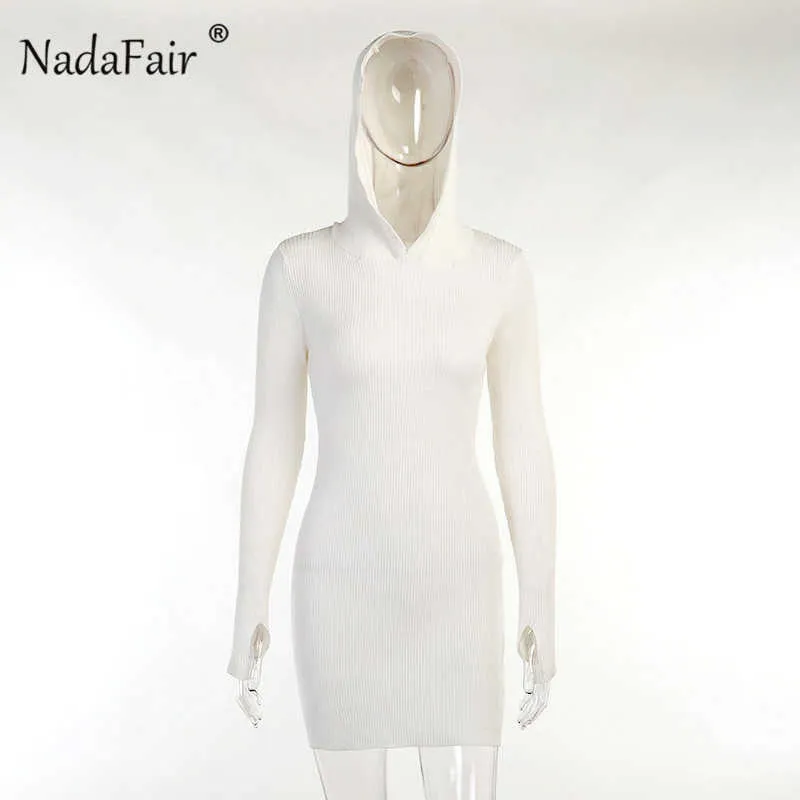 Nadafair Abito maglione attillato a maniche lunghe con cappuccio Bianco corto Mini lavorato a maglia Abbigliamento autunnale Abito invernale aderente nero Festival Y1006