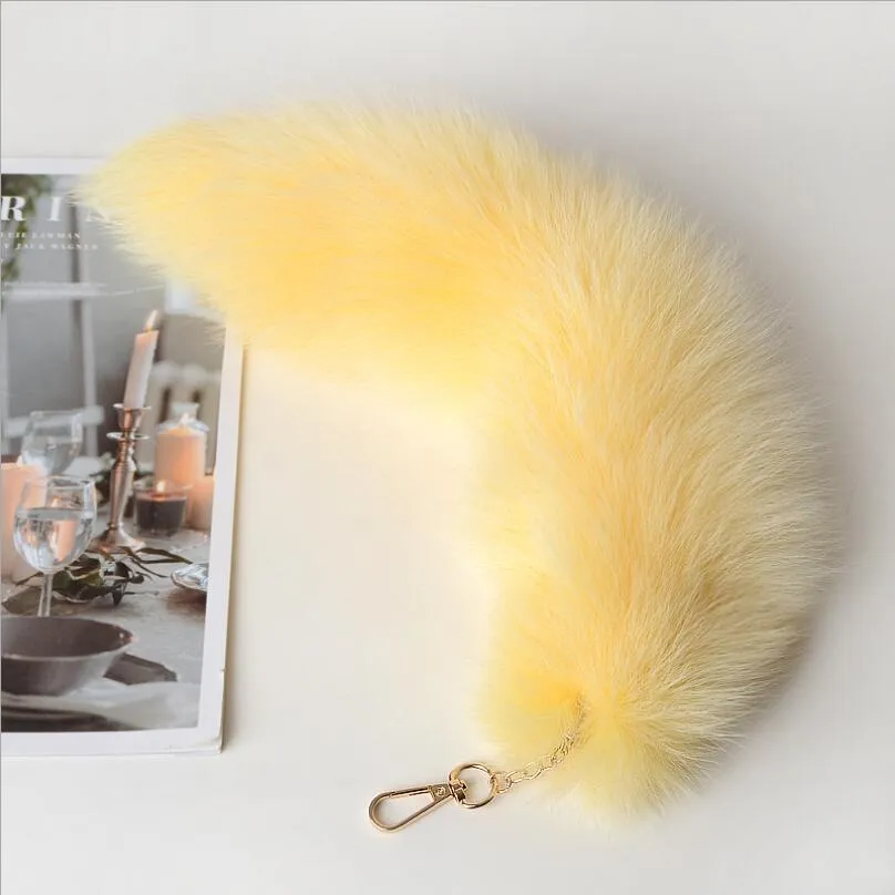 Colorful Real Fox Fur Tail Keychain 40cm long Bag Charm Soft Fluffy KeyRing Pendant Women Backpack Accessories Whole Price