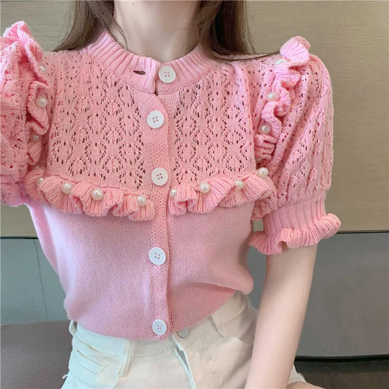 Fashion Knitting Cardigan Thin Crop Top Summer Women Short-Sleeved Sold Color Beading Sweater Cardigans Female Clothing 210529