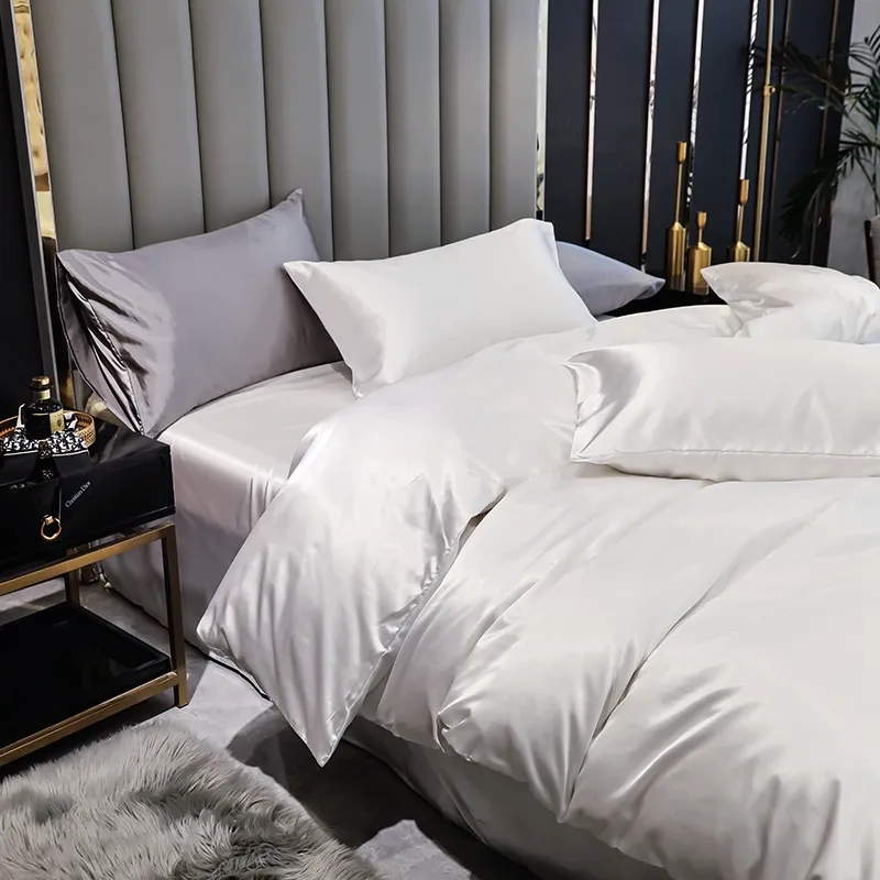 Ensemble de literie en Satin de soie artificielle de luxe housse de couette solide taies d'oreiller linge de lit simple Double reine roi 220x240 pas de drap de lit