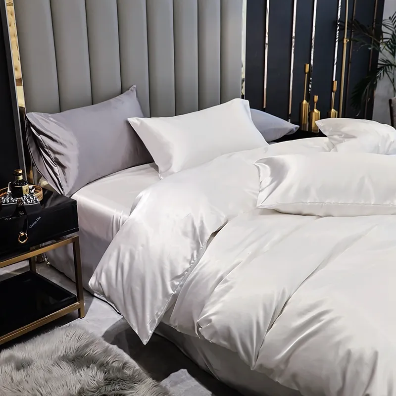 Lyxig konstgjorda Silk Satin Bedding Set Solida Duvet Cover Pillowcases Sängkläder Singel Double Queen King 220x240 Nej Lakan