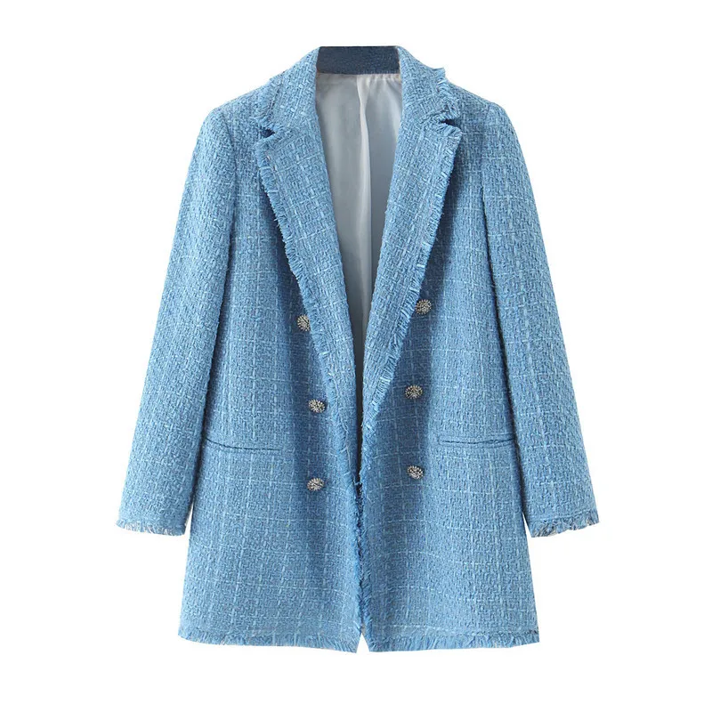 Blå Plaid Frayed Edge Tweed Jacket Coat Kvinnor Lapel Dubbelbröst Dam Långärmad Outwear Blazer 210430