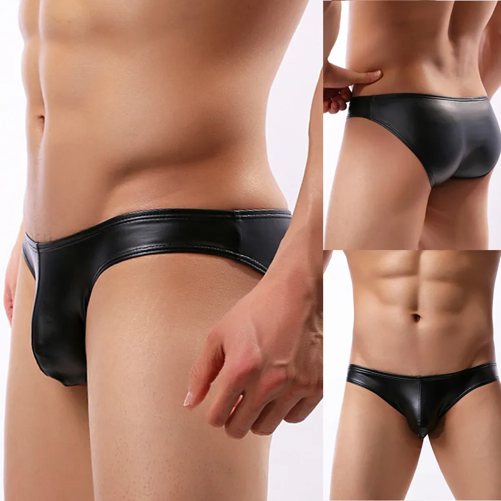 Hommes slips Faux cuir Jockstrap string Stretch slips Sissy pochette culottes sous-vêtements noir taille basse doux mâle caleçon chaud