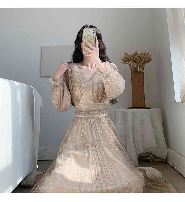 Femmes printemps coréen Chic Design élégant tempérament sauvage robe femme col en V lanterne manches scintillant une ligne robe 210514