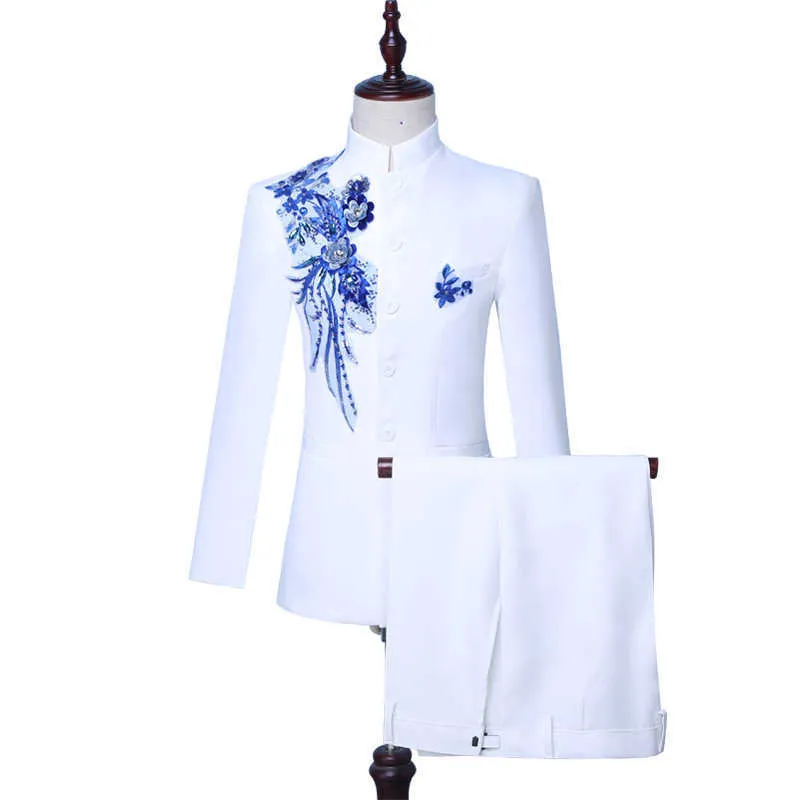 2019 Autumn Chinese Style White Stand Collar Two-Piece Men's Jacket Suits Blue Sequin groom suit CostumesJacket+Pants X0909