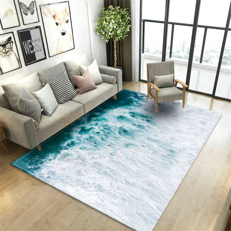 Strand Meer Wellen Wohnzimmer Teppich 3D Landschaft gedruckt Bodenmatte Flanell Schwamm große Badezimmer Teppich dekorative Schlafzimmer Teppich weich 211204