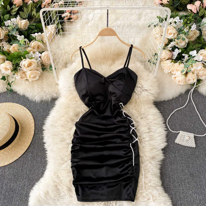 Deat Women Beading Bandage Sexig Suspender Buttocks Klänning Solid Färg V-Neck High Waist Fashion Spring Summer 11B521 210709