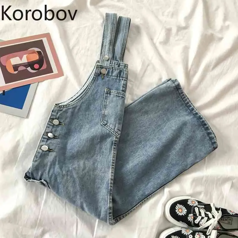 Korobov Preppy Style Femmes Spaghetti Strap Dress Japonais Coréen Vintage Robes Nouveau Chic Bouton Poches Denim Vestidos 210430