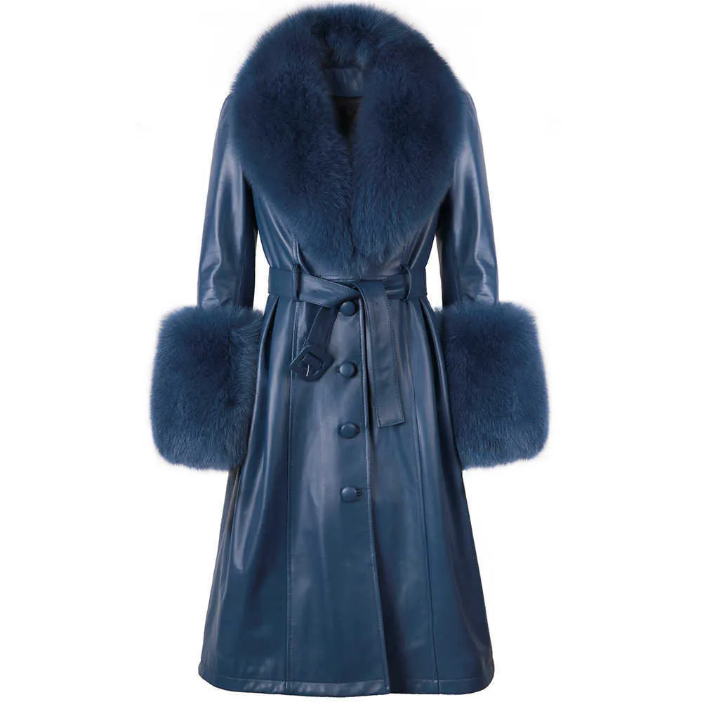 YOLOAgain manteau grande taille femmes col en fourrure véritable Long manteau en cuir véritable Trench 211007