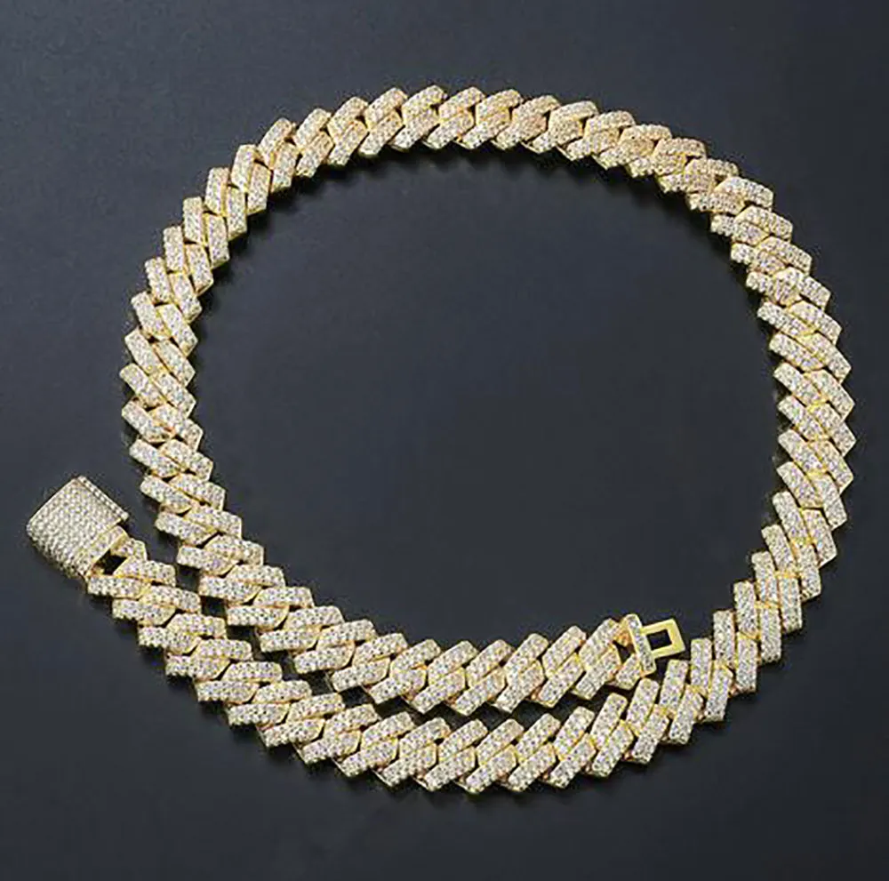 Chaîne à maillons cubains glacés pour hommes de 14 mm, plaqué or blanc 14 carats, collier à 2 rangées de diamants, bijoux en zircone cubique, 16 à 24 pouces de longueur 288 m
