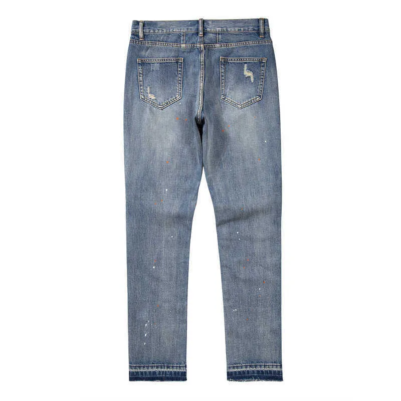 Jeans pour hommes, trou de rue, patch de fleur de cajou, pantalon, chaîne décorative, petit pied, élastique