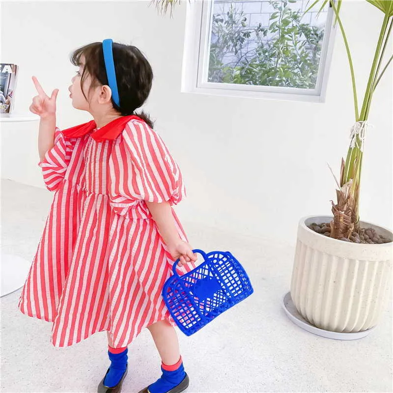 Корейский стиль летние дети девочек платья красные полосатые короткие слойные рукава лук принцесса детская одежда E9028 210610