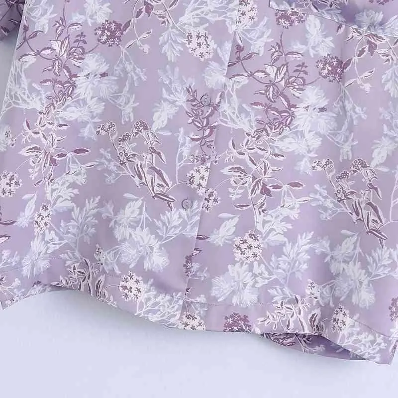Été Femmes Floral Print Violet Chemise Femme Col sur mesure Blouse à manches courtes Casual Lady Loose Tops Blusas S8807 210430