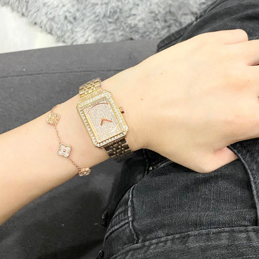 Brand Watch Women Girl Crystal Rectangle Style Metal Steel Band Quartz Good Quality Wrist Watches CH44