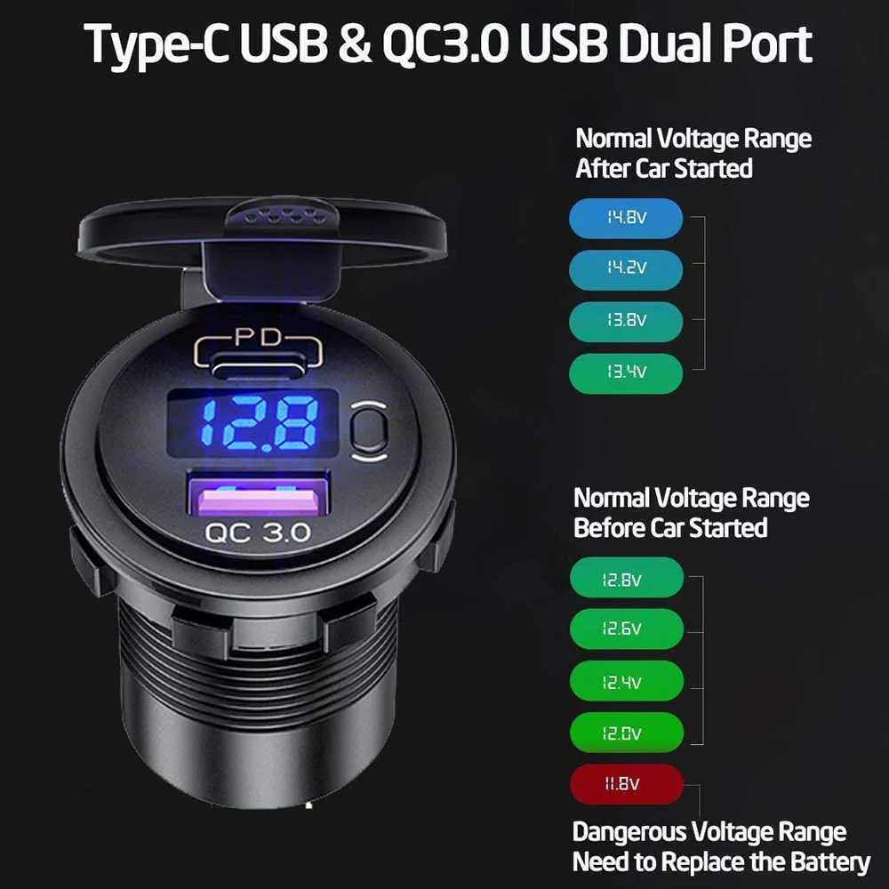 48W Tipo 12V / 24V C PD + QC3.0 Tomada mais clara do carro WHIT LED Voltímetro Interruptor USB Car Charger Universal Motocicleta Caminhão Soquete SUV