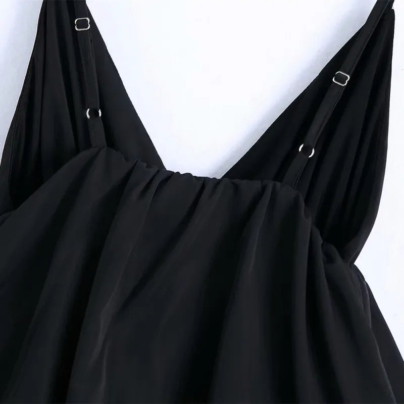 Sexy Woman Black Spaghetti Strap Cascading Ruffles Dress Spring Fashion Soft V Neck es Feamle Elegant Party 210515