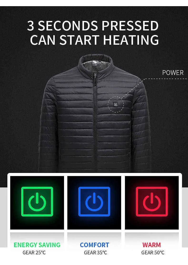 Giacca riscaldante da uomo Inverno caldo Gilet riscaldante elettrico USB Termostato intelligente Vestiti riscaldati con cappuccio Cappotto imbottito impermeabile 211214