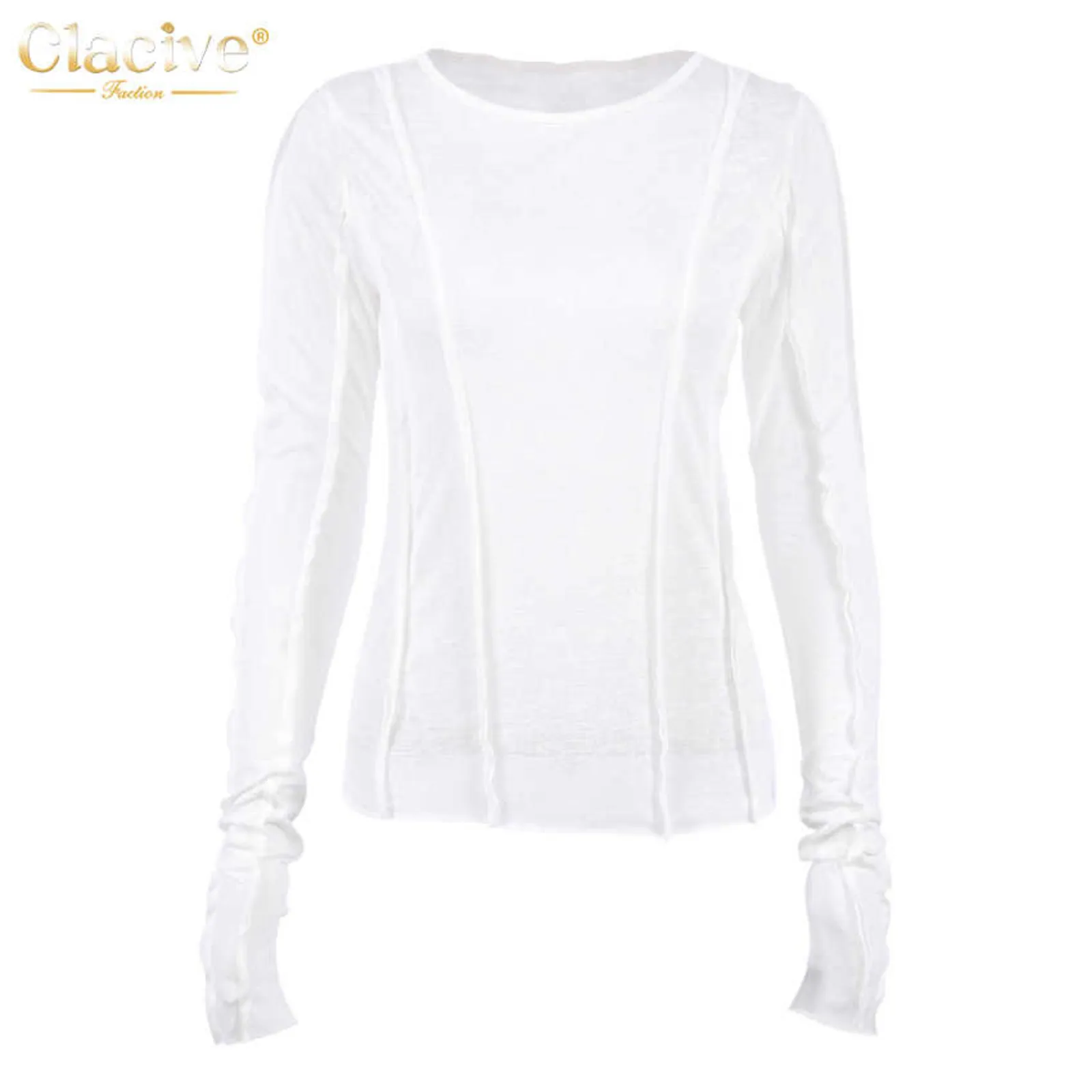 Clacive Bodycon White O-Neck Women'S T-Shirt Elegant Yellow Long Sleeve Fall Tee Shirt Casual Slim Elastic Solid Top Female 220208