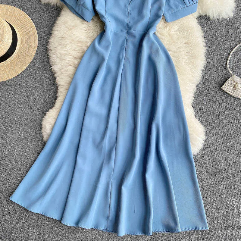 Lato niebieski / różowy / beżowy koronki patchwork frezowanie sukienka kobiety rocznik kwadratowy kołnierz krótki rękaw puffowy A-line Slim vestidos 2021 nowy Y0603