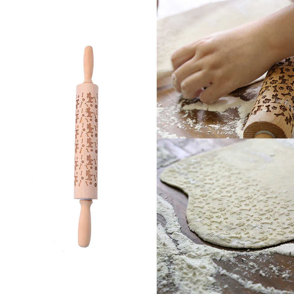 Kerst Ontwerp Houten Rolling Pins Gegraveerde Embossing Roller voor Cookies Noodle Biscuit Cake Fondant Bakvormen Rolling Pin 211008