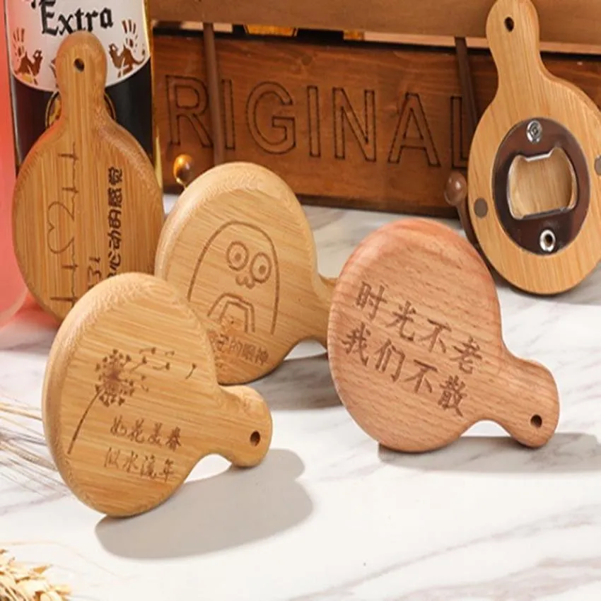 DHL Customize Logo Wood Beer Opener with Magnet Wooden and Bamboo Refrigerator Magnet Magnetic Bottle Openers Kitchen Tools