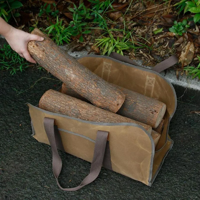 Sacos de armazenamento Saco de lona encerado Lenha com alça portátil cesta de madeira de fogo log carregando ferramenta organizador2138